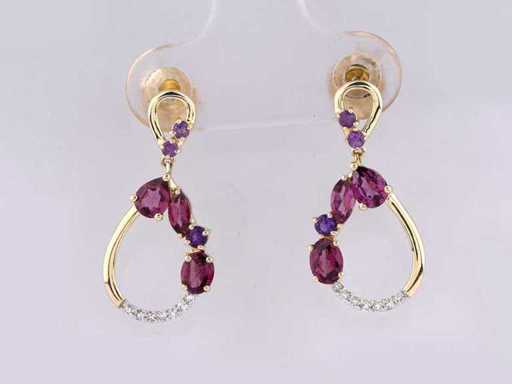 14 KT Yellow Gold Earring With 1.21 Cts Natural Diamond and Amethyst with Rhodolite
