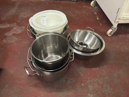 13 stainless steel bowls and 5 pvc