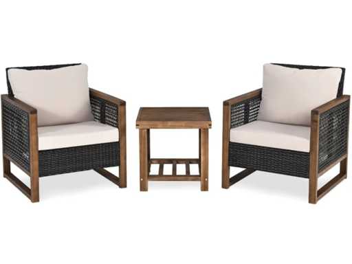 PE Rattan Patio Set - 3 Stukken met Acacia Salontafel en 2 Stoelen