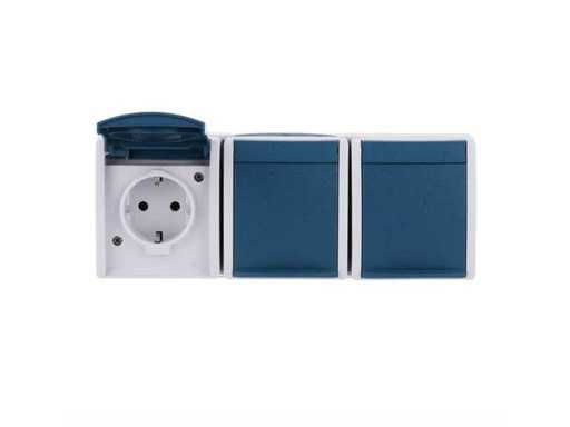 Busch-Jaeger - 2300/3 EW-53 - Presa a tripla presa con collegamento a terra con campo di testo con coperchio incernierato 16 A grigio/blu-verde (3x)
