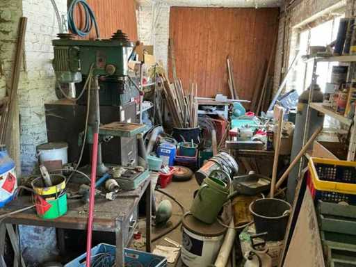 Contents workshop, workbench, old drill press and various materials