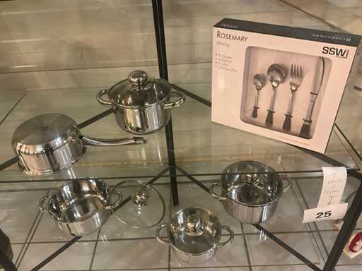 Ensemble de 9 pots en acier inoxydable avec 24 couverts en acier inoxydable pour 6 personnes - marques Ssw, Gsw