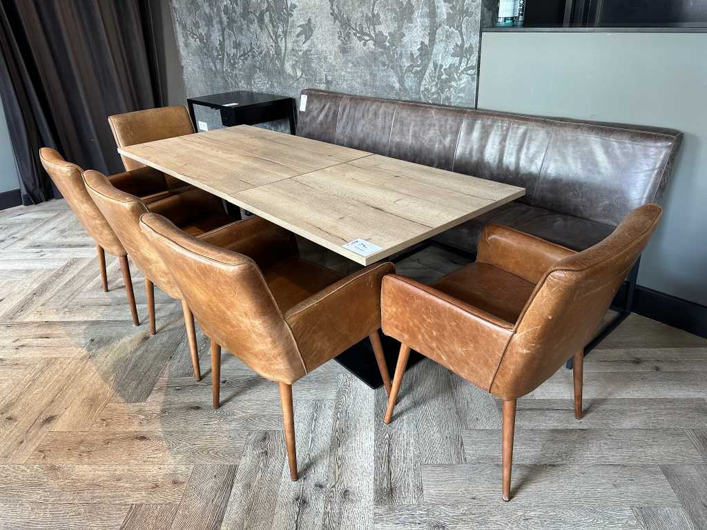2 Restaurant tables with 5 leather armchairs