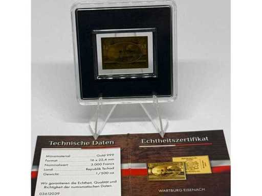 Or 999 (1/500 oz) – 3 000 francs CFA Billet d’or Wartburg Eisenach (République du Tchad), 16 × 22,4 mm.