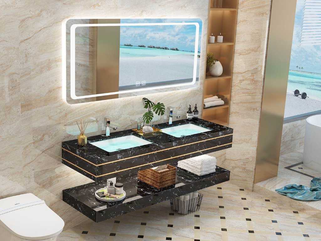 2-piece duo bathroom cabinet black-marble. With Led mirror (120cm)