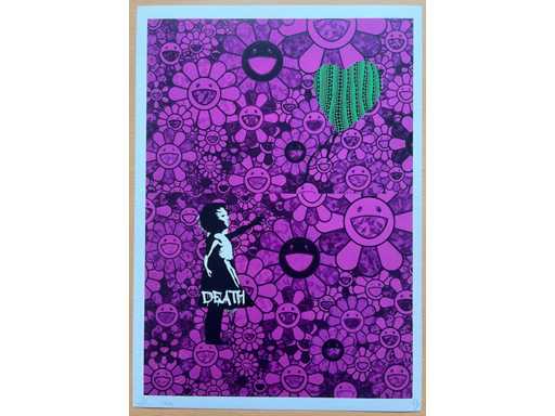 DEATH NYC : Banksy Girl with Balloon & Murakami Flowers