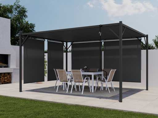 4x3 pergola met verstelbaar lamellendak en 4 grijze jaloezieën 