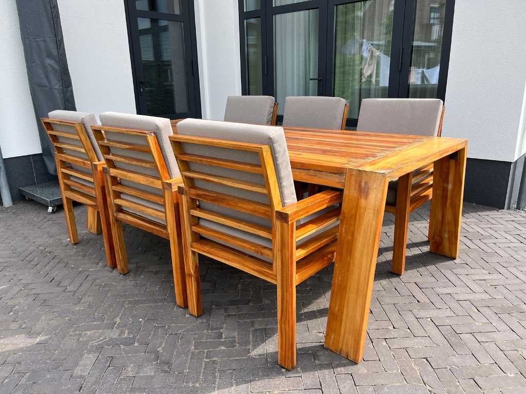 Oak wooden garden set with chair cushions 240x100