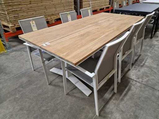 Suns - Alu Tuintafel Uitschuifbaar Stockholm Wit 220 x 100cm + Teak Blad