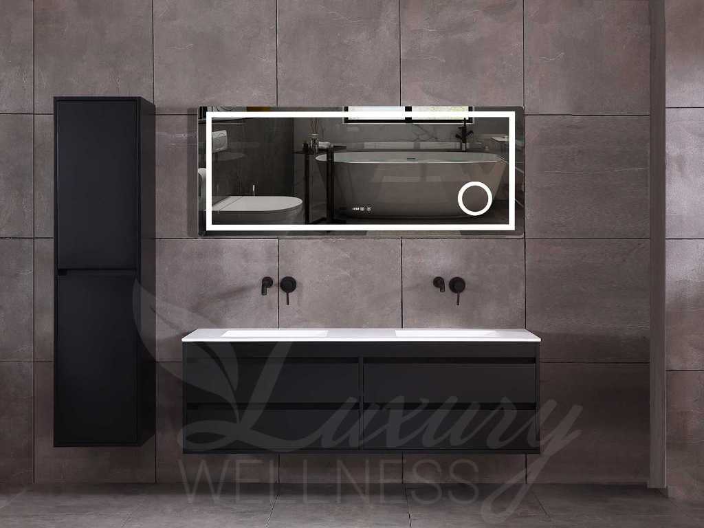 meuble de salle de bain 2 personnes 160cm (chêne noir mat ou brun) avec (meuble suspendu) et lavabo en pierre naturelle ou en solid surface