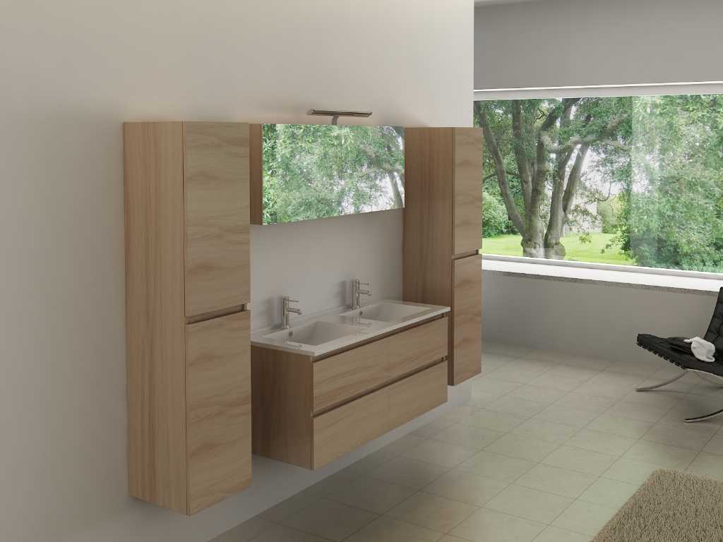 Mobilier de salle de bain 2 personnes 140 cm décor bois - Robinetterie incluse