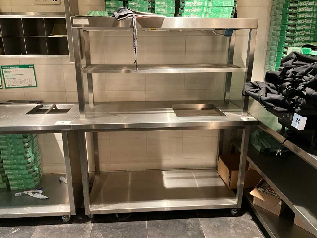 Verrijdbare RVS werktafel met chefrek met warmhoudlamp