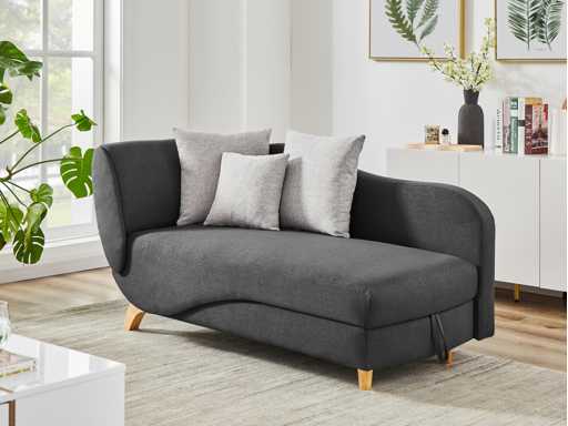 Méridienne droite convertible en tissu anthracite avec coffre de rangement