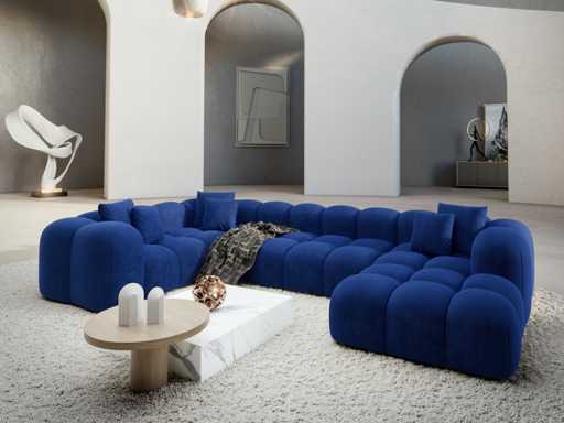 Rechte panoramische bank - blauw fluweel