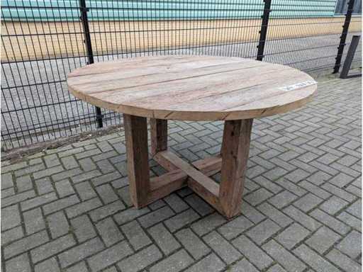 Garden table old Oak wood 130cm round. Wooden base