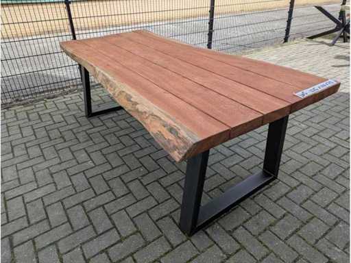 Garden table hardwood tree trunk table 225 x 110 x 78cm. Metal trapezoidal base