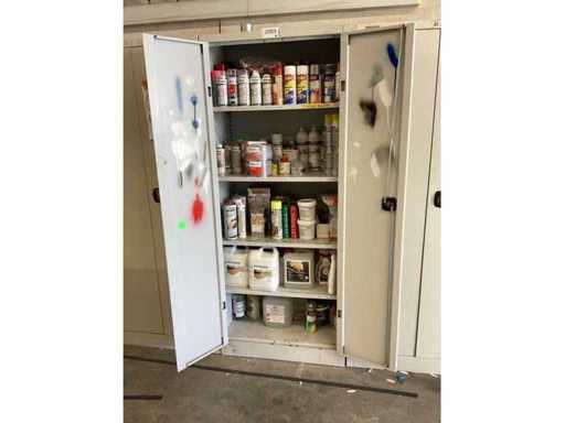 Armario con contenido, sprays, varias pinturas, imprimaciones, etc.