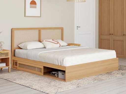 Bed met cane hoofdeinde en ingebouwde lades 160x200cm