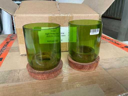 Fair Trade theelichthouder glas/hout +/- 10,3cm hoog (80x)