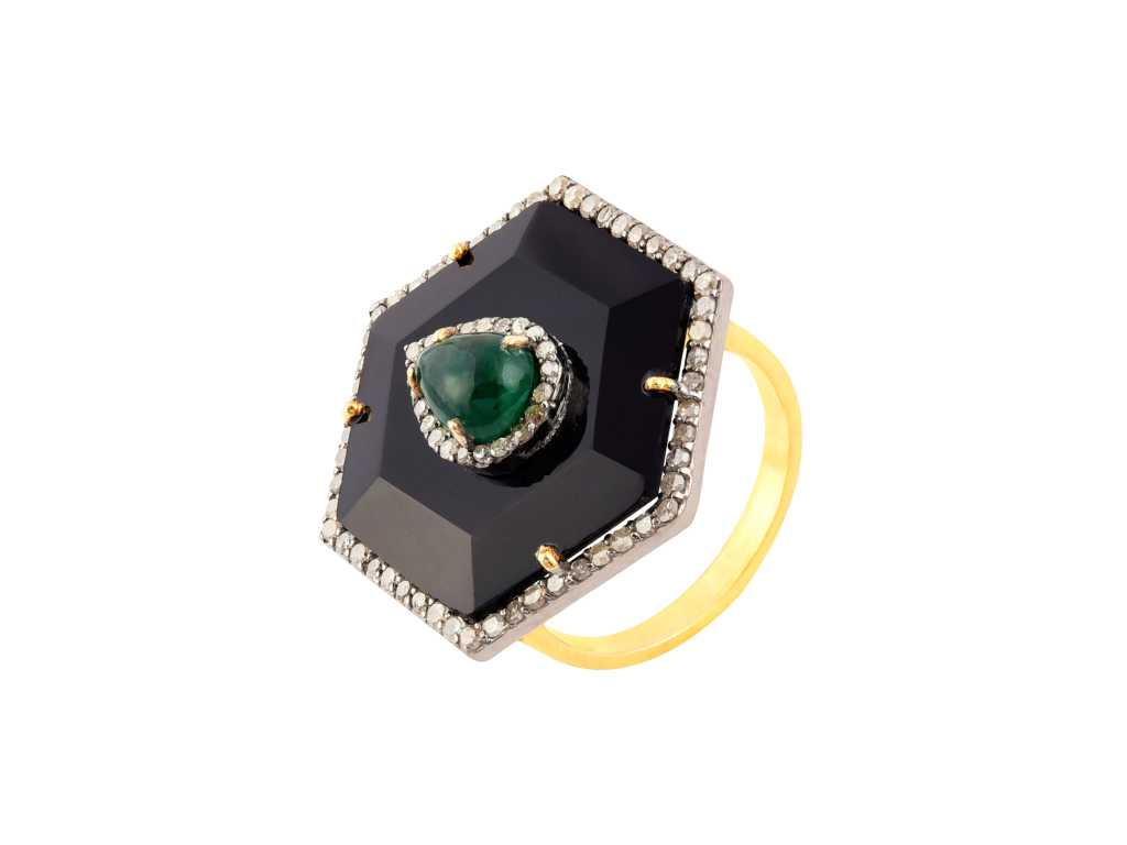Ring 14kt Gold And Silver With Natural Diamonds, Emerald And Black Onyx