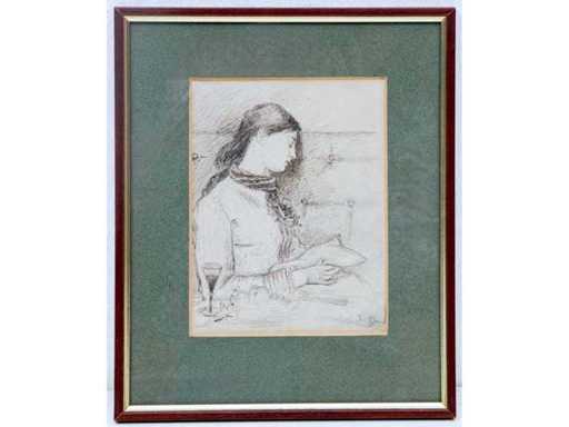 Eugène Smits - Mijmerende vrouw met glas - potlood en pen op papier