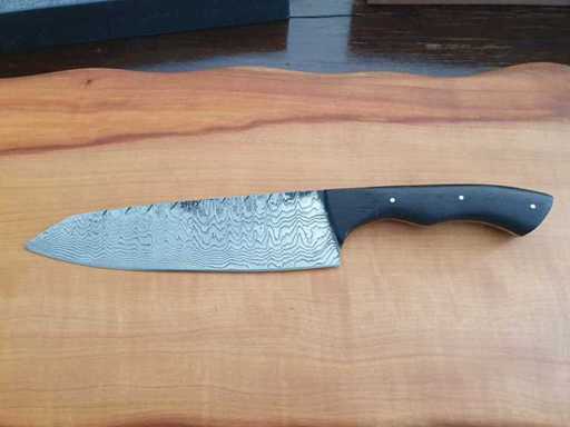 Damascus chef's knife, wooden handle, dark brown