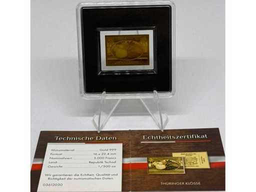 Or 999 (1/500 oz) – billet d’or « Thuringian Dumplings » de 3 000 francs CFA (République du Tchad), 16 × 22,4 mm, émission limitée.