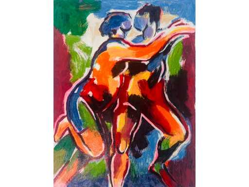 Paule Nolens - dansend paar - kleurenzeefdruk