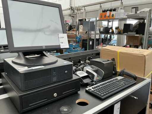 Caisse enregistreuse HP RP5700 avec écran, tiroir-caisse, terminal de paiement, etc