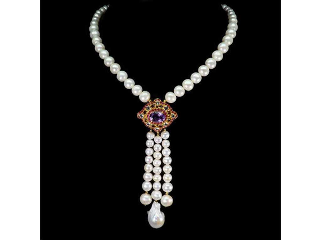Necklace 925 Silver 450.50 Carat Pearl, Citrine, Ruby, Amethyst & White Topaz