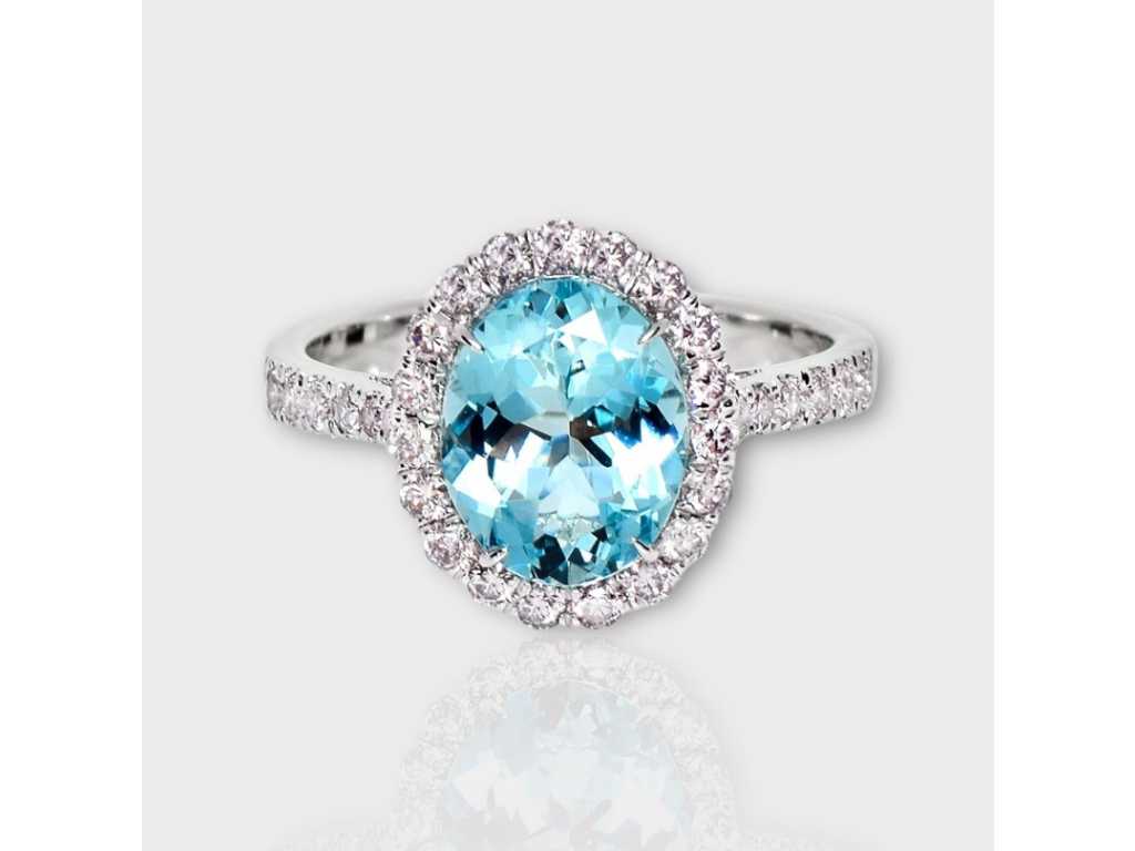 Luxe Ring Natuurlijke Blauwe Aquamarijn Santa Maria met Natuurlijke Roze Diamanten 2,75 karaat