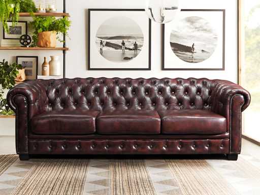 4-zits Chesterfield bank 100% bordeaux buffelleer