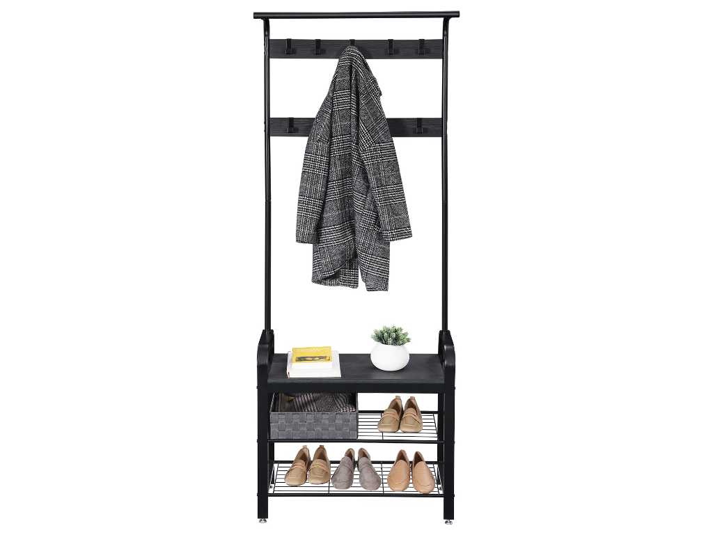 MIRA Home - Porte-armoire - Porte-manteau avec banc et porte-chaussures - Multifonctionnel - Industriel - Gris foncé/Noir - 72x33,7x183