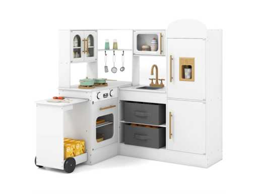 Cuisine d'angle en bois avec éclairage et son, blanche