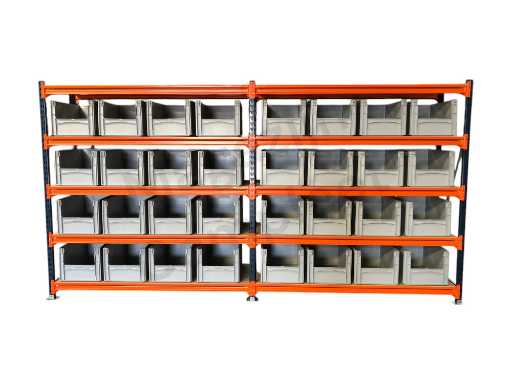 Legbordstelling incl 32 grote magazijnbakken. 