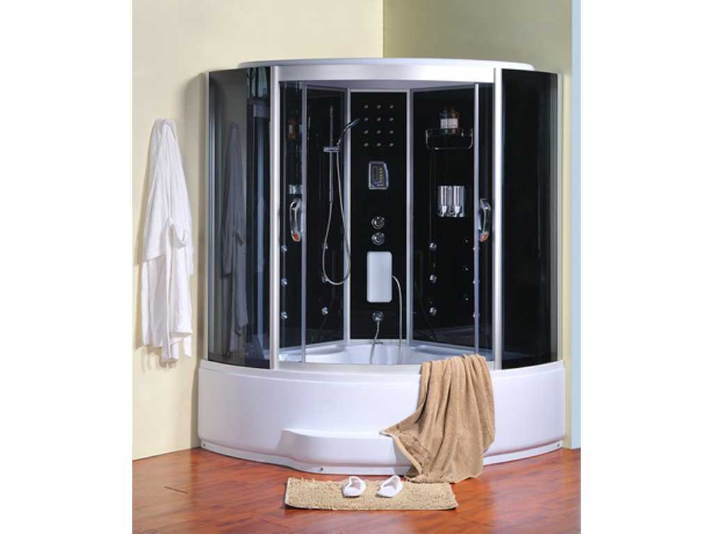 Steam room with whirlpool massage bath - semi-circular - white bath with black cabin - 150x150x220 cm
