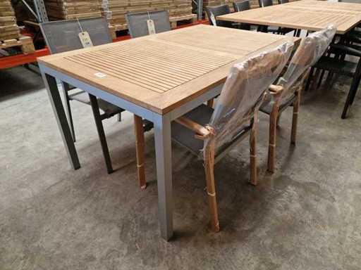 Jati-Kebon - Table de jardin Alu Haïti Argent 150 x 90cm + Dessus en teck