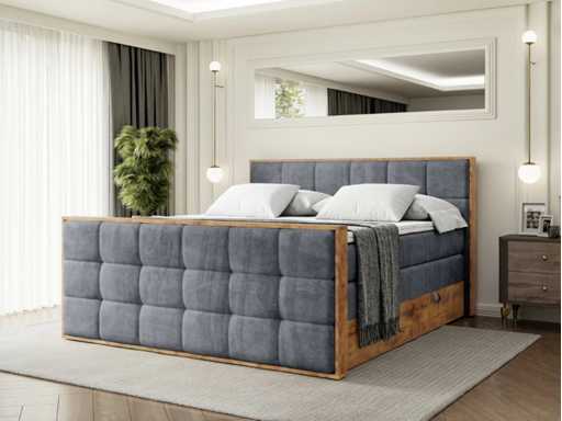 Lit boxspring 180x200 -matelas - surmatelas - coffre - velours gris foncé et bois