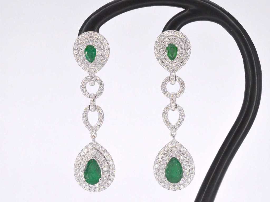 White gold earrings set with diamonds and emeralds