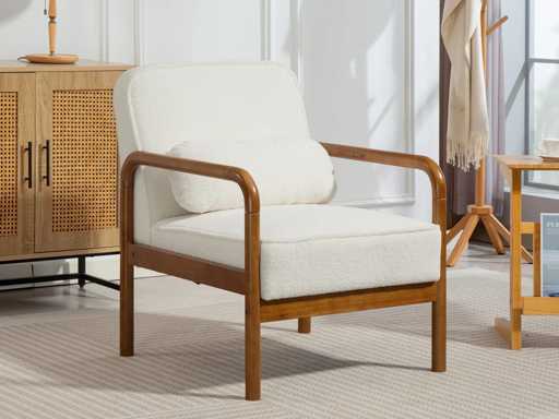 Lounge armchair in terry fabric with cushion and frame in rubberwood, for bedroom, living room, dining room, white