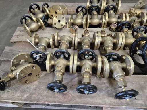 Palette avec diverses valves en cuivre et en bronze.