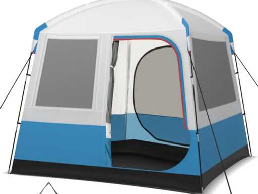 Family tent for five people with large screen door and windows