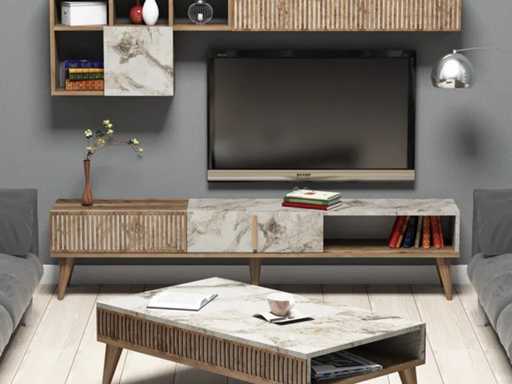 TV-meubel en salontafel set - walnoothout en wit marmer