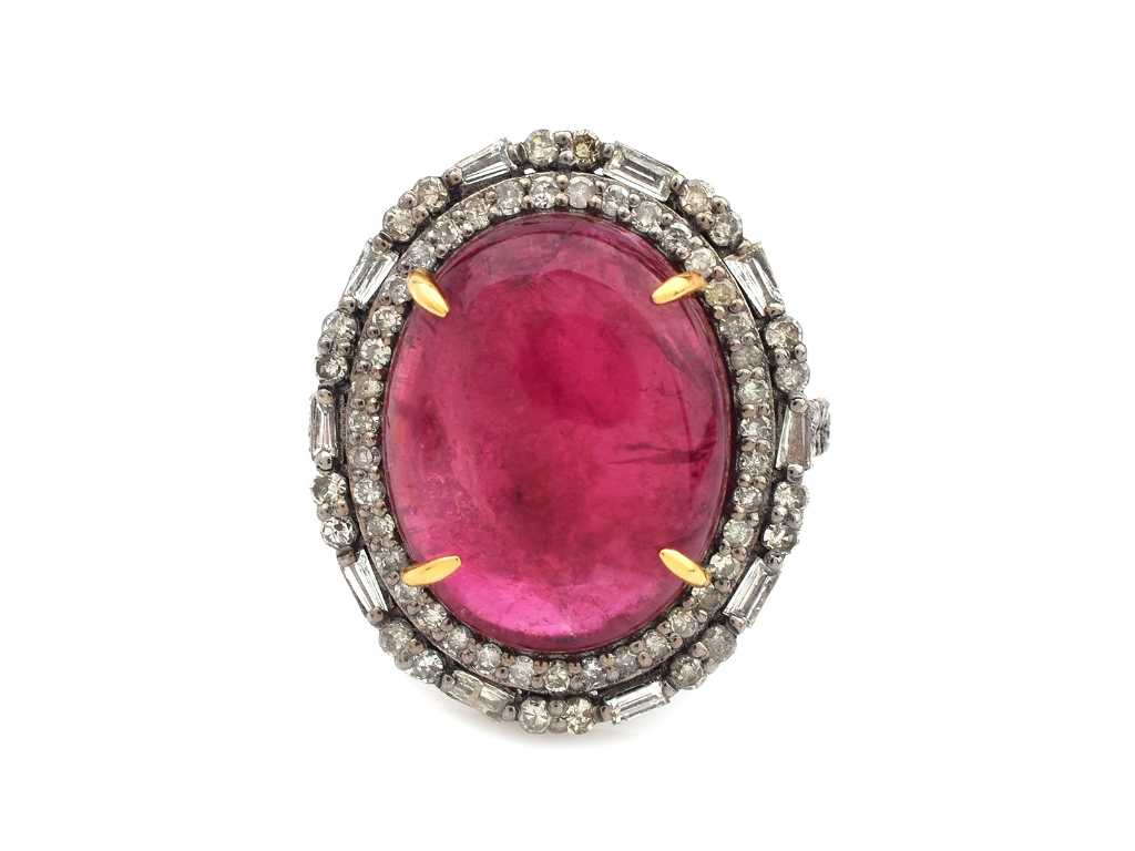 (Certified) Ring With Natural Tourmaline And Diamonds 6.63g