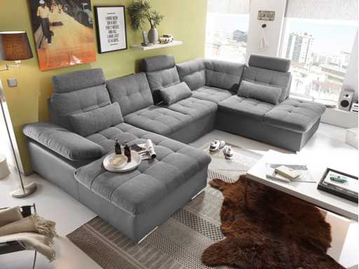 Canapé d'angle panoramique gauche - convertible - coffre - tissu/pu