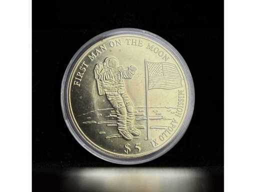 First Man on the Moon Apollo XI 2000 Liberia 5 Dollars Gedenkmedaille Mondlandung Vergoldet Gratis EU-Versand