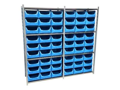 Legbordstelling incl 54 grote magazijnbakken. 