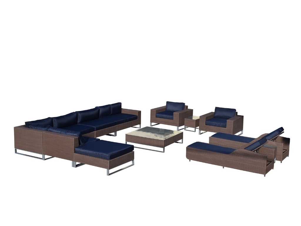 Lounge set 13-piece Dark brown wicker / navy blue cushions