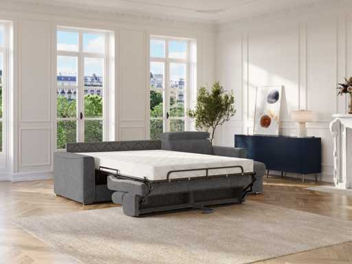 Express convertible omkeerbare hoekbank van antracietgrijs chenille stof - Bed met brede latten 160 cm - Matras 22 cm traagschuim