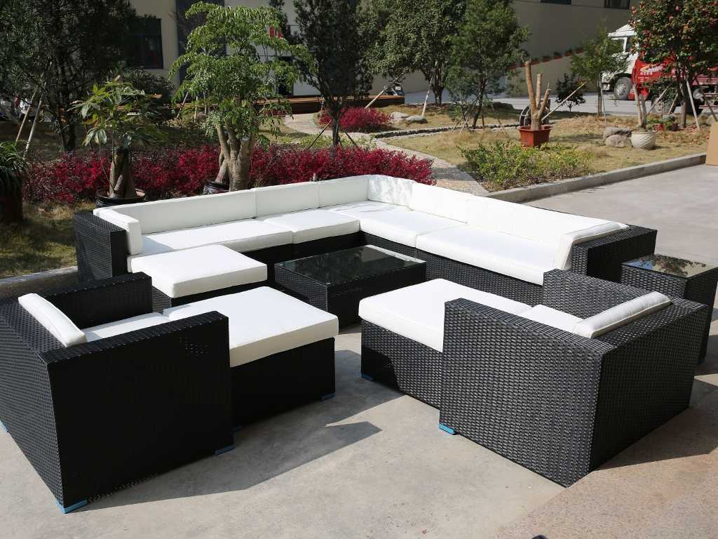 Lounge-Set 12-teiliges Korbgeflecht schwarz / sandfarbene Kissen